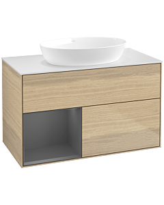 Villeroy und Boch Finion Waschtischunterschrank FA11GKPC 100cm, Abdeckplatte white matt, Regale Anthracite matt lacquer, Oak Veneer