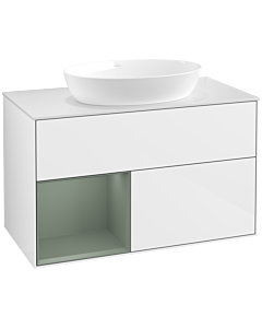 Villeroy und Boch Finion Waschtischunterschrank FA11GMGF 100cm, Abdeckplatte white matt, Regale Olive matt lacquer, Glossy white lacquer
