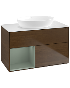 Villeroy und Boch Finion Waschtischunterschrank FA11GMGN 100cm, Abdeckplatte white matt, Regale Olive matt lacquer, Walnut veneer