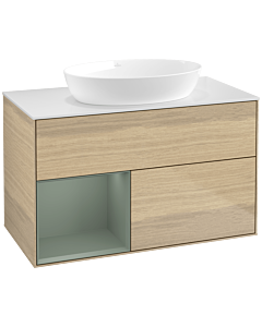 Villeroy und Boch Finion Waschtischunterschrank FA11GMPC 100cm, Abdeckplatte white matt, Regale Olive matt lacquer, Oak Veneer