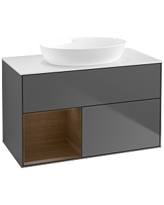 Villeroy und Boch Finion Waschtischunterschrank FA11GNGK 100cm, Abdeckplatte white matt, Regale Walnut Veneer, Anthracite matt
