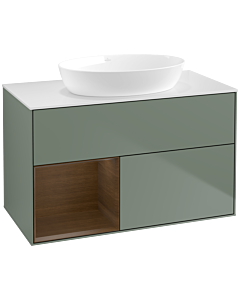 Villeroy und Boch Finion Waschtischunterschrank FA11GNGM 100cm, Abdeckplatte white matt, Regale Walnut Veneer, Olive Matt Lacquer