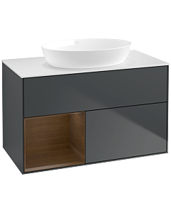 Villeroy und Boch Finion Waschtischunterschrank FA11GNHG 100cm, Abdeckplatte white matt, Regale Walnut Veneer, Midnight Blue Matt Lacquer