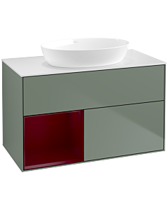 Villeroy und Boch Finion Waschtischunterschrank FA11HBGM 100cm, Abdeckplatte white matt, Regale Peony matt lacquer, Olive Matt Lacquer