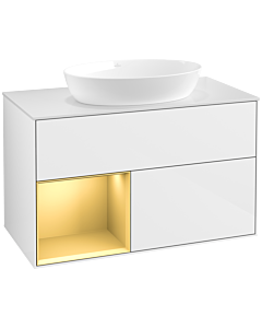 Villeroy und Boch Finion Villeroy und Boch FA11HFGF 100cm, plaque de recouvrement blanc mat, étagères laqué or mat, laqué blanc brillant