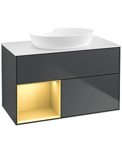 Villeroy und Boch Finion Villeroy und Boch FA11HFHG 100cm, plaque de recouvrement blanc mat, étagères laqué or mat, Midnight Blue Matt Lacquer