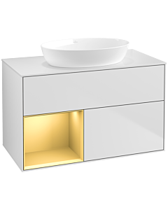Villeroy und Boch Finion Waschtischunterschrank FA11HFMT 100cm, Abdeckplatte white matt, Regale Gold matt lacquer, White matt lacquer