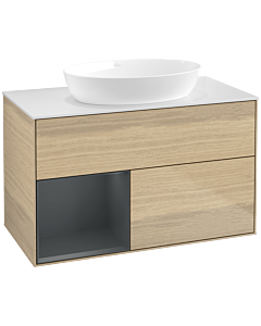 Villeroy und Boch Finion Villeroy und Boch FA11HGPC 100cm, plaque de recouvrement blanc mat, étagères laqué mat Midnight, Oak Veneer