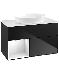 Villeroy und Boch Finion Villeroy und Boch FA11MTPD 100cm, plaque de recouvrement blanc mat, étagères laqué blanc mat, laqué noir mat