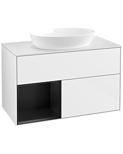 Villeroy und Boch Finion Villeroy und Boch FA11PDGF 100cm, plaque de recouvrement blanc mat, étagères laqué noir mat, laqué blanc brillant