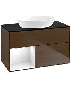 Villeroy und Boch Finion Waschtischunterschrank FA12GFGN 100cm, Abdeckplatte black matt, Regale Glossy white lacquer, Walnut veneer