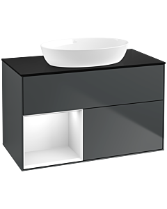 Villeroy und Boch Finion Waschtischunterschrank FA12GFHG 100cm, Abdeckplatte black matt, Regale Glossy white lacquer, Midnight Blue Matt Lacquer