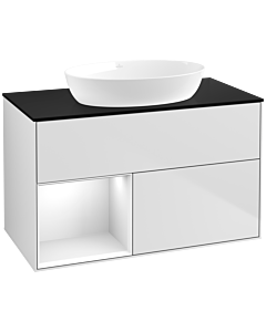 Villeroy und Boch Finion Villeroy und Boch FA12GFMT 100cm, plaque de recouvrement noir mat, étagères laqué blanc brillant, laqué blanc mat