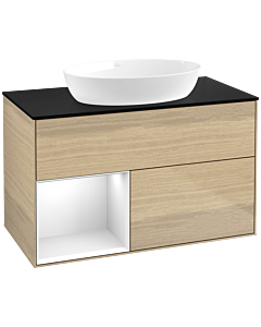 Villeroy und Boch Finion Waschtischunterschrank FA12GFPC 100cm, Abdeckplatte black matt, Regale Glossy white lacquer, Oak Veneer
