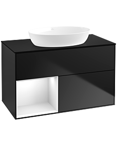 Villeroy und Boch Finion Villeroy und Boch FA12GFPD 100cm, plaque de recouvrement noir mat, étagères laqué blanc brillant, laqué noir mat