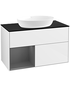Villeroy und Boch Finion Waschtischunterschrank FA12GKGF 100cm, Abdeckplatte black matt, Regale Anthracite matt lacquer, Glossy white lacquer