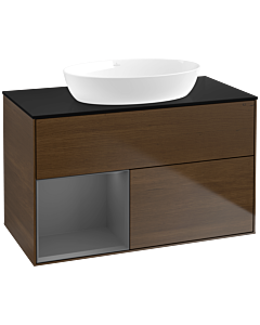 Villeroy und Boch Finion Waschtischunterschrank FA12GKGN 100cm, Abdeckplatte black matt, Regale Anthracite matt lacquer, Walnut veneer