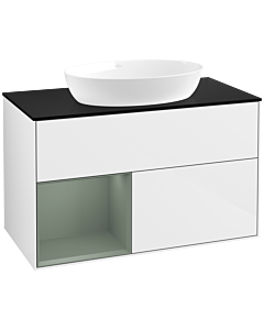 Villeroy und Boch Finion Waschtischunterschrank FA12GMGF 100cm, Abdeckplatte black matt, Regale Olive matt lacquer, Glossy white lacquer
