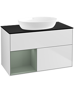 Villeroy und Boch Finion Waschtischunterschrank FA12GMMT 100cm, Abdeckplatte black matt, Regale Olive matt lacquer, White matt lacquer