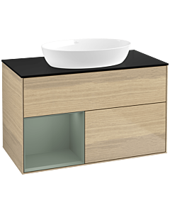 Villeroy und Boch Finion Villeroy und Boch FA12GMPC 100cm, plaque de recouvrement noir mat, étagères laqué olive mat, Oak Veneer