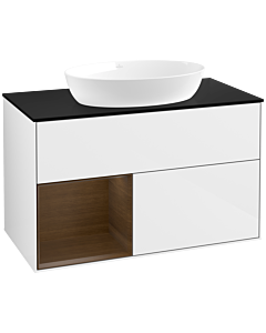 Villeroy und Boch Finion Villeroy und Boch FA12GNGF 100cm, plaque de recouvrement noir mat, étagères Walnut Veneer , laqué blanc brillant