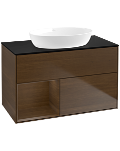 Villeroy und Boch Finion Waschtischunterschrank FA12GNGN 100cm, Abdeckplatte black matt, Regale Walnut Veneer, Walnut veneer