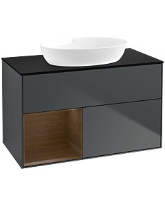 Villeroy und Boch Finion Waschtischunterschrank FA12GNHG 100cm, Abdeckplatte black matt, Regale Walnut Veneer, Midnight Blue Matt Lacquer