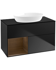 Villeroy und Boch Finion Waschtischunterschrank FA12GNPD 100cm, Abdeckplatte black matt, Regale Walnut Veneer, Black matt lacquer