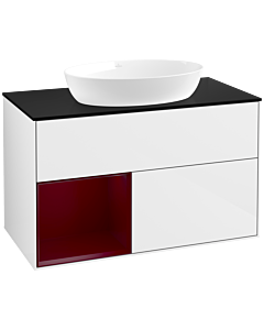 Villeroy und Boch Finion Villeroy und Boch FA12HBGF 100cm, plaque de recouvrement noir mat, étagères Peony laqué mat, laqué blanc brillant