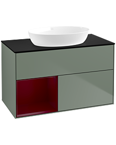 Villeroy und Boch Finion FA12HBGM 100cm, plaque de recouvrement noire mate, étagères en laque matte Peony , Olive Matt Lacquer