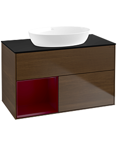 Villeroy und Boch Finion Waschtischunterschrank FA12HBGN 100cm, Abdeckplatte black matt, Regale Peony matt lacquer, Walnut veneer