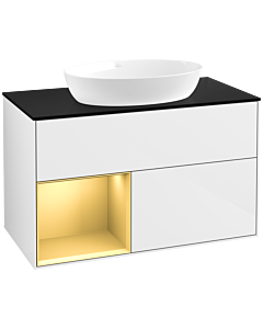 Villeroy und Boch Finion Waschtischunterschrank FA12HFGF 100cm, Abdeckplatte black matt, Regale Gold matt lacquer, Glossy white lacquer