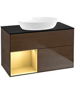 Villeroy und Boch Finion Waschtischunterschrank FA12HFGN 100cm, Abdeckplatte black matt, Regale Gold matt lacquer, Walnut veneer