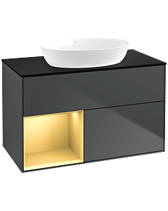 Villeroy und Boch Finion Waschtischunterschrank FA12HFHG 100cm, Abdeckplatte black matt, Regale Gold matt lacquer, Midnight Blue Matt Lacquer
