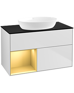 Villeroy und Boch Finion Waschtischunterschrank FA12HFMT 100cm, Abdeckplatte black matt, Regale Gold matt lacquer, White matt lacquer