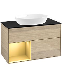 Villeroy und Boch Finion Waschtischunterschrank FA12HFPC 100cm, Abdeckplatte black matt, Regale Gold matt lacquer, Oak Veneer