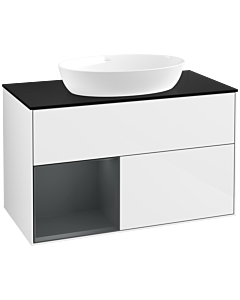 Villeroy und Boch Finion Villeroy und Boch FA12HGGF 100cm, plaque de recouvrement noir mat, étagères laqué mat minuit, laqué blanc brillant