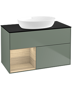 Villeroy und Boch Finion Waschtischunterschrank FA12PCGM 100cm, Abdeckplatte black matt, Regale Oak Veneer, Olive Matt Lacquer