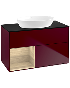 Villeroy und Boch Finion Waschtischunterschrank FA12PCHB 100cm, Abdeckplatte black matt, Regale Oak Veneer, Peony Matt