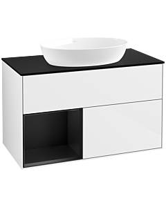 Villeroy und Boch Finion Villeroy und Boch FA12PDGF 100cm, plaque de recouvrement noire mate, étagères laquées noires mates, laqué blanc brillant