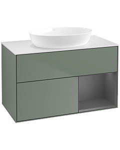 Villeroy und Boch Finion Waschtischunterschrank FA21GKGM 100cm, Abdeckplatte white matt, Regale Anthracite matt lacquer, Olive Matt Lacquer