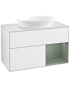 Villeroy und Boch Finion Villeroy und Boch FA21GMGF 100cm, plaque de recouvrement blanc mat, étagères laqué olive mat, laqué blanc brillant