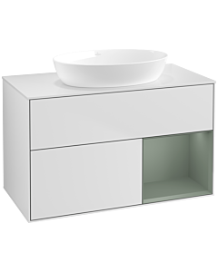 Villeroy und Boch Finion Waschtischunterschrank FA21GMMT 100cm, Abdeckplatte white matt, Regale Olive matt lacquer, White matt lacquer
