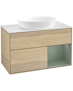 Villeroy und Boch Finion Waschtischunterschrank FA21GMPC 100cm, Abdeckplatte white matt, Regale Olive matt lacquer, Oak Veneer