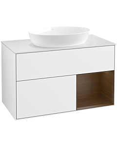 Villeroy und Boch Finion Waschtischunterschrank FA21GNGF 100cm, Abdeckplatte white matt, Regale Walnut Veneer, Glossy white lacquer
