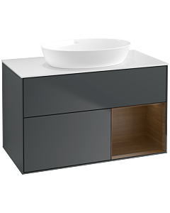 Villeroy und Boch Finion Waschtischunterschrank FA21GNHG 100cm, Abdeckplatte white matt, Regale Walnut Veneer, Midnight Blue Matt Lacquer