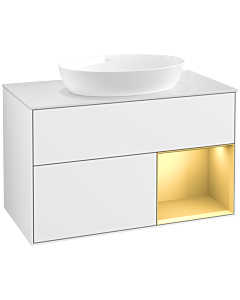 Villeroy und Boch Finion Villeroy und Boch FA21HFGF 100cm, plaque de recouvrement blanc mat, étagères laqué or mat, laqué blanc brillant