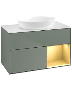 Villeroy und Boch Finion FA21HFGM 100cm, plaque de recouvrement blanc mat, étagères laqué mat or, Olive Matt Lacquer