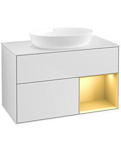 Villeroy und Boch Finion Waschtischunterschrank FA21HFMT 100cm, Abdeckplatte white matt, Regale Gold matt lacquer, White matt lacquer