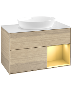 Villeroy und Boch Finion Villeroy und Boch FA21HFPC 100cm, plaque de recouvrement blanc mat, étagères laqué mat or, Oak Veneer